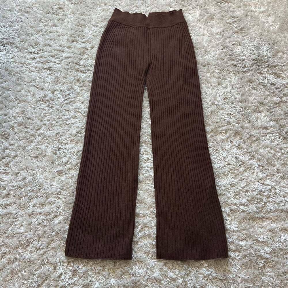 Frankie Shop Ribbed Knit Wide-Leg Pants in Dark Brown Large